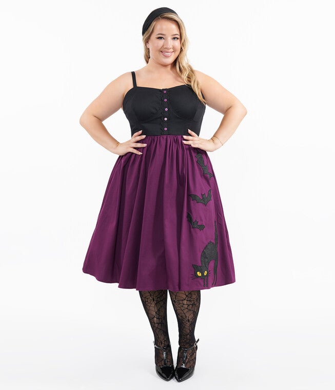 1950s Purple & Black Glitter Cat Swing Dress, Purple Black Glitter Cat / Purple, alternate image number 2