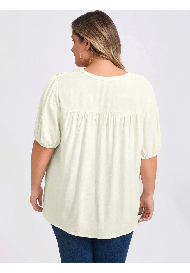 Lace Panel Tie Neck Top Half Puff Sleeve Blouse, White / White, alternate image number 2