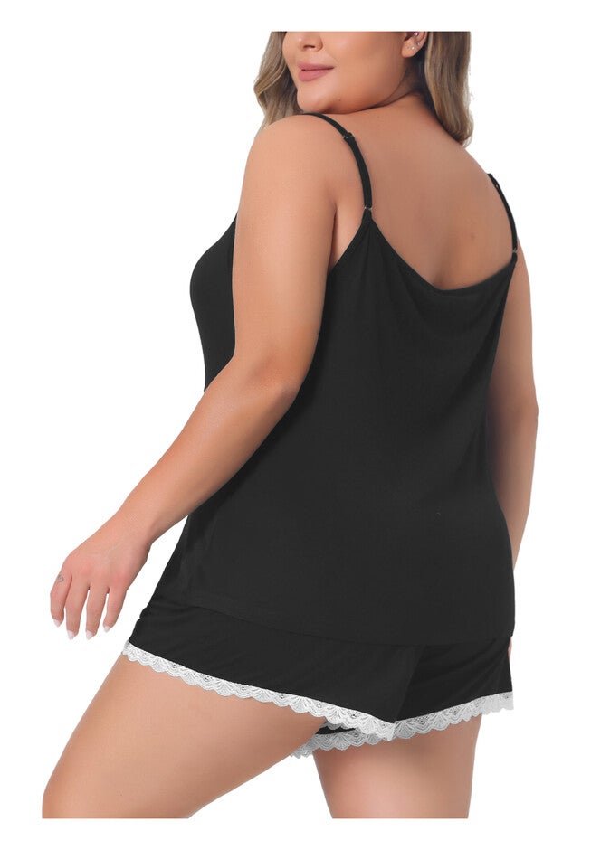 PAJAMA CAMI SHORTS NIGHTWEAR LACE LINGERIE SLEEPWEAR, Black / Black, alternate image number 3