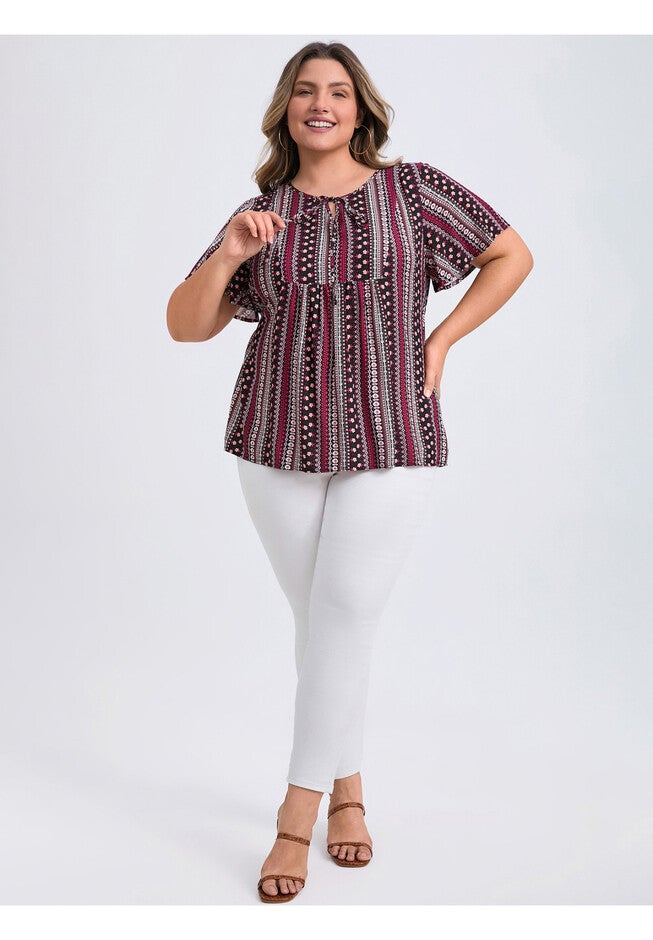 Boho Floral Print Drawstring Collar Blouse, Plum Purple / Purple, alternate image number 1