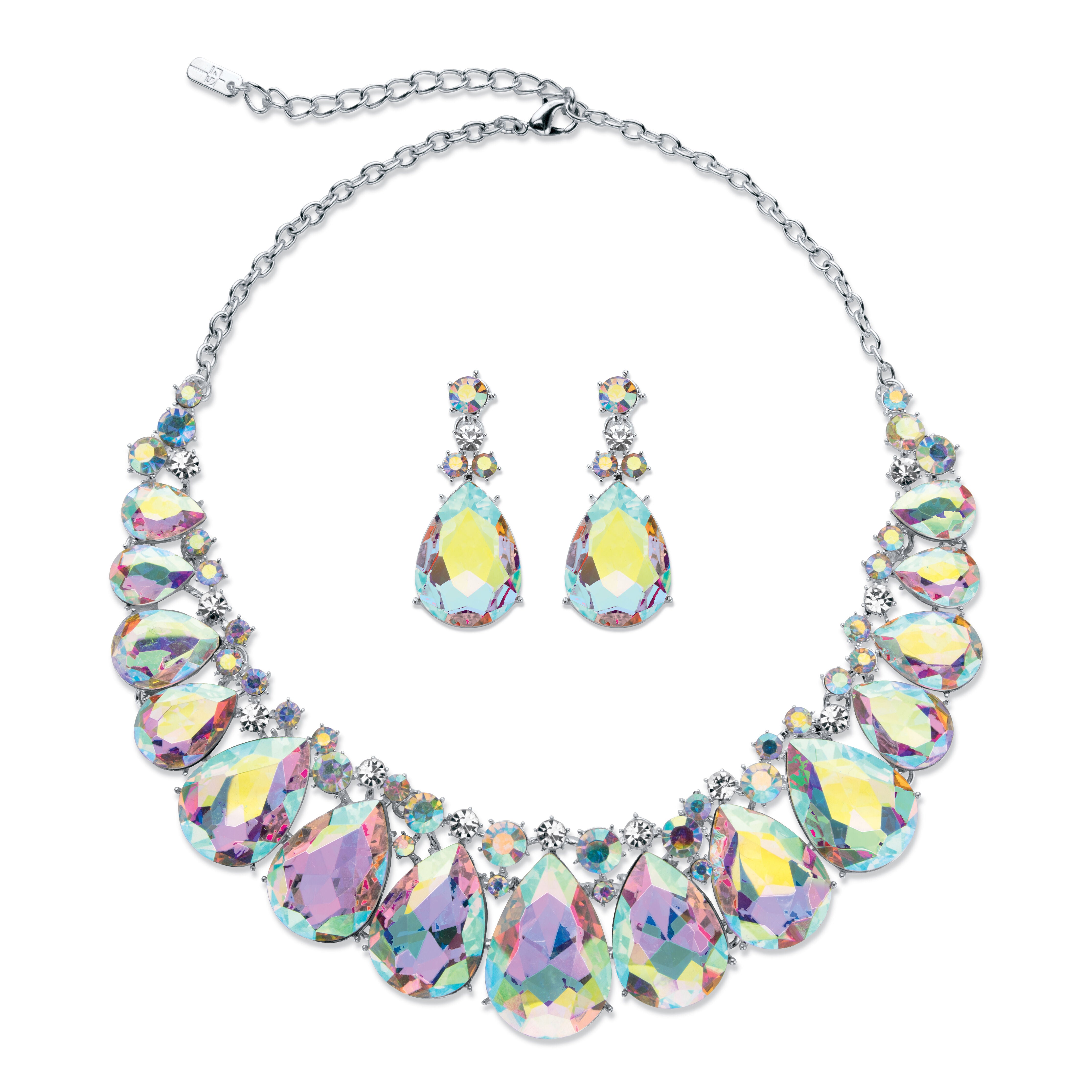 Pear-Cut Aurora Borealis Crystal Silvertone Earrings and Necklace Set 16 inches-18.5 inches, Multi / Light Blue, hi-res image number 0