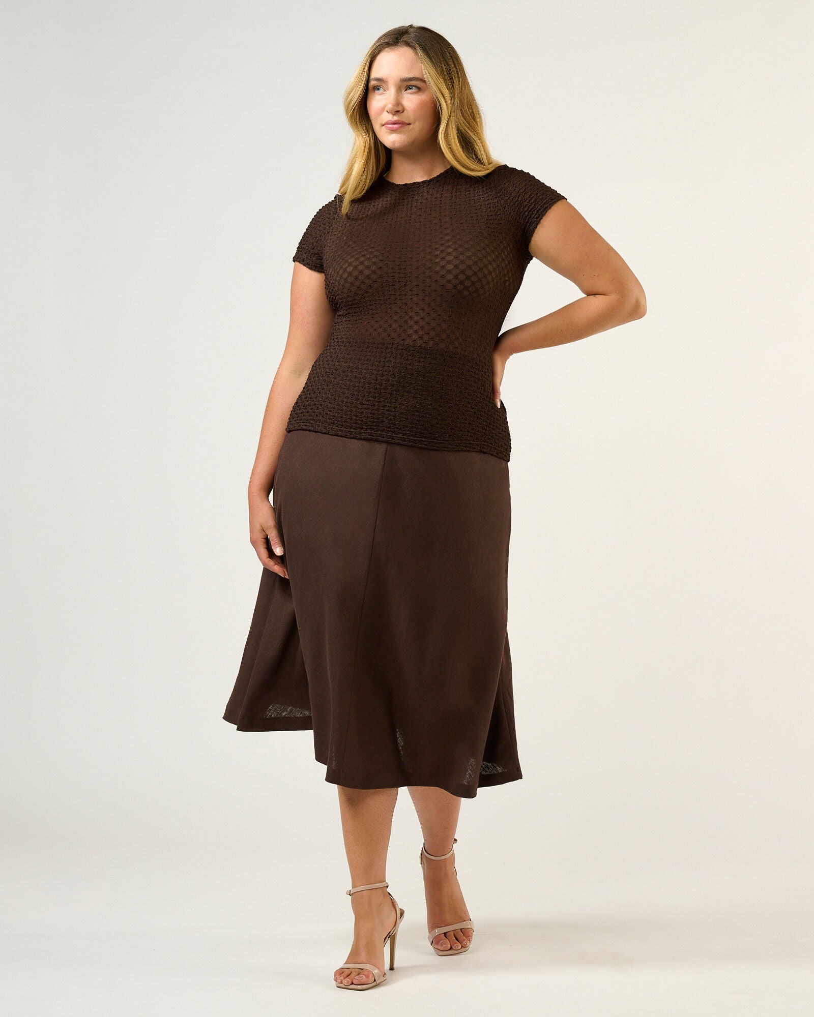 Naomi Sheer Textured Mesh Short Sleeve Top, Espresso / Brown, alternate image number 3
