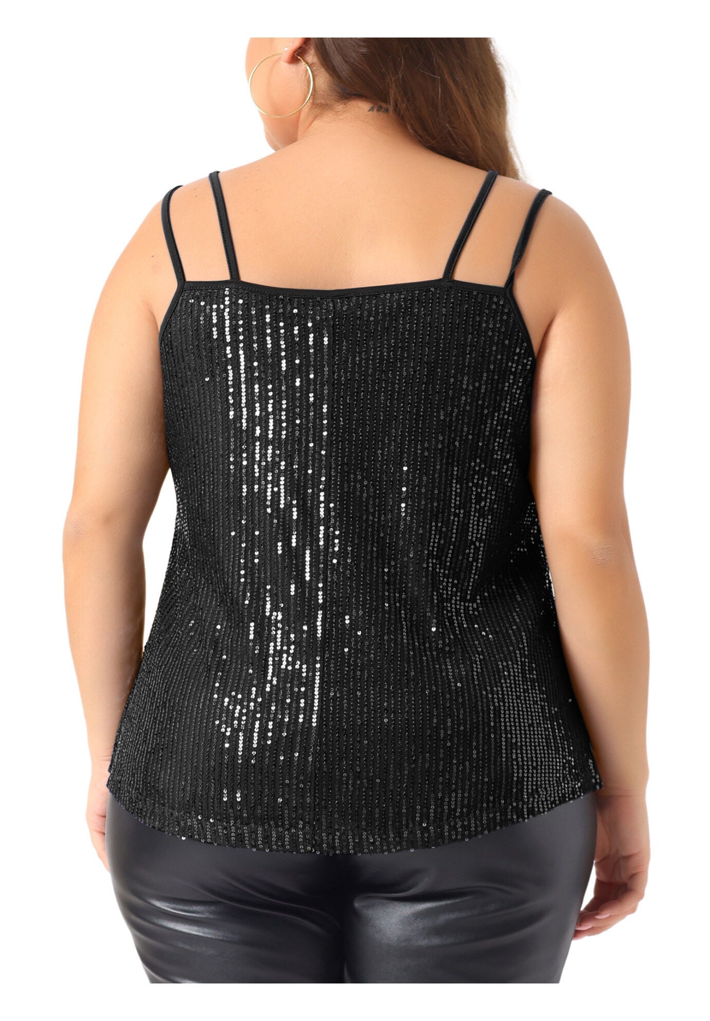 Metallic Spaghetti Strap Cami Party Tank Sequin Top, Black / Black, alternate image number 3