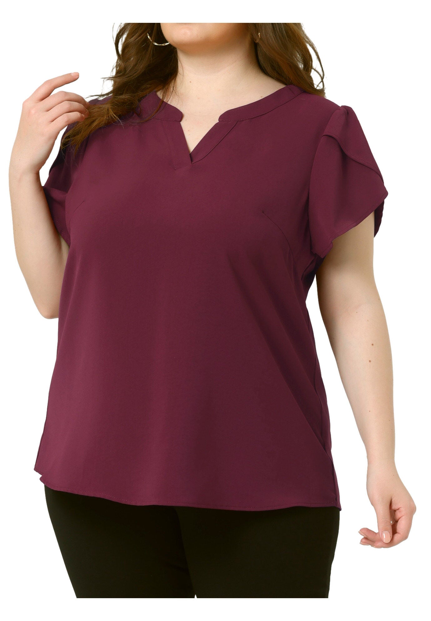 Notched V Neck Short Petal Sleeve Shirt Top, Burgundy / Burgundy, alternate image number 1