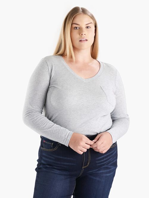 V Neck Long Sleeve T-shirt, HEATHER GREY / Light Grey, alternate image number 3