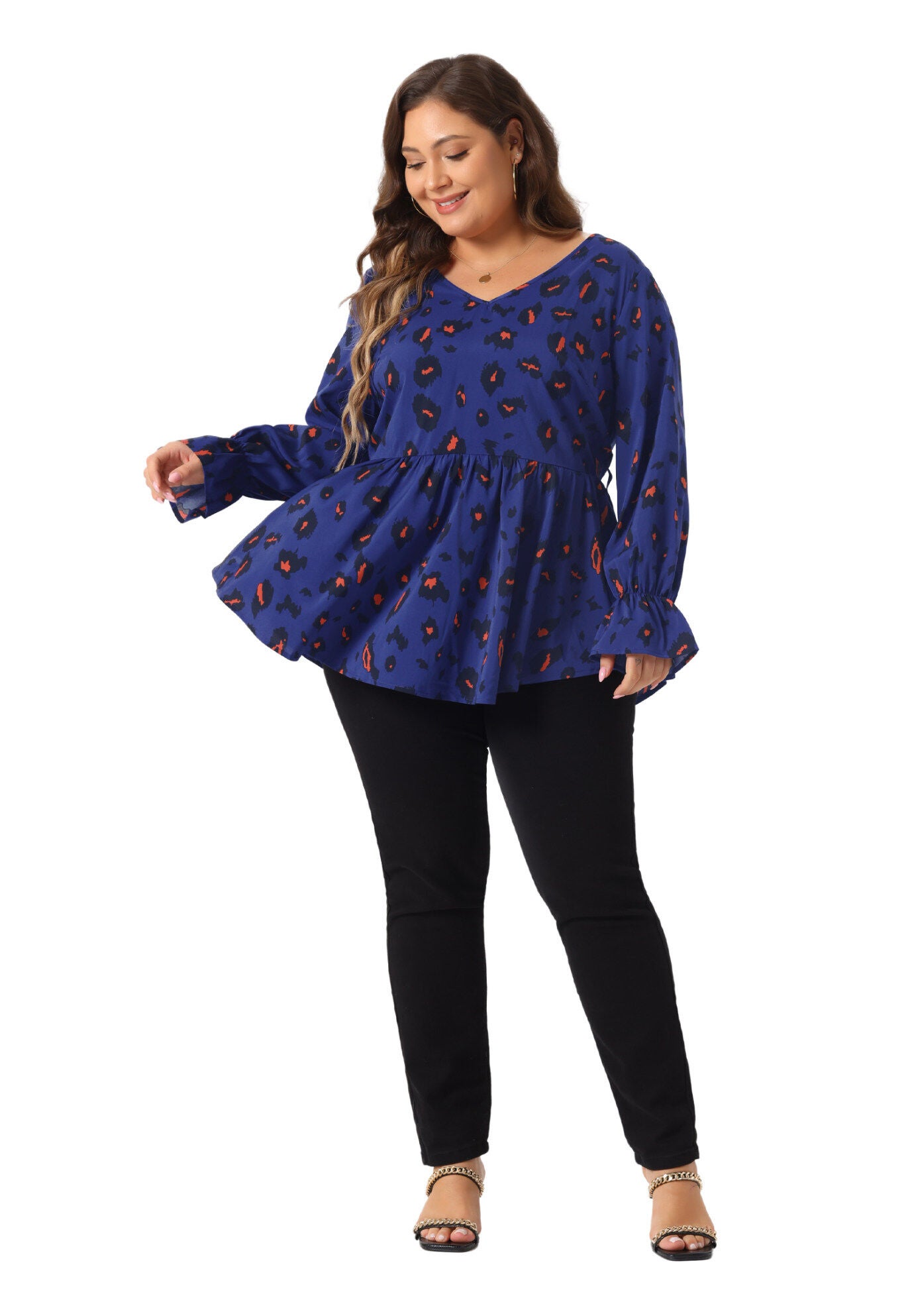 Graphic Print Belted Long Sleeve Peplum Blouse, Royal Blue / Royal Blue, hi-res image number 0