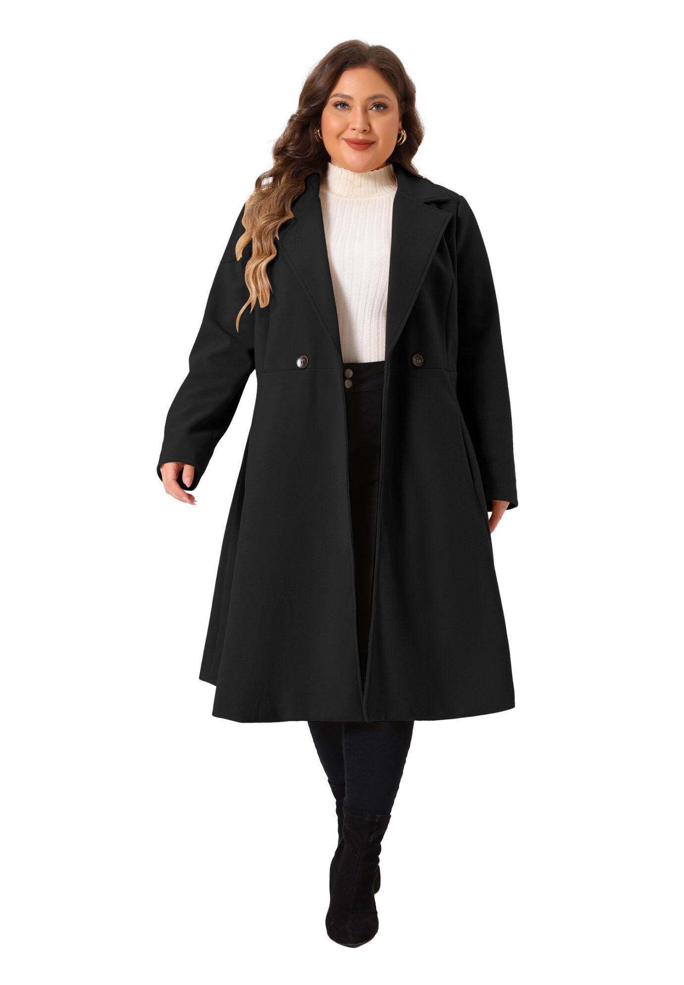Notch Lapel A Line Double Breasted Trench Dress Pea Coat, Black / Black, hi-res image number 0