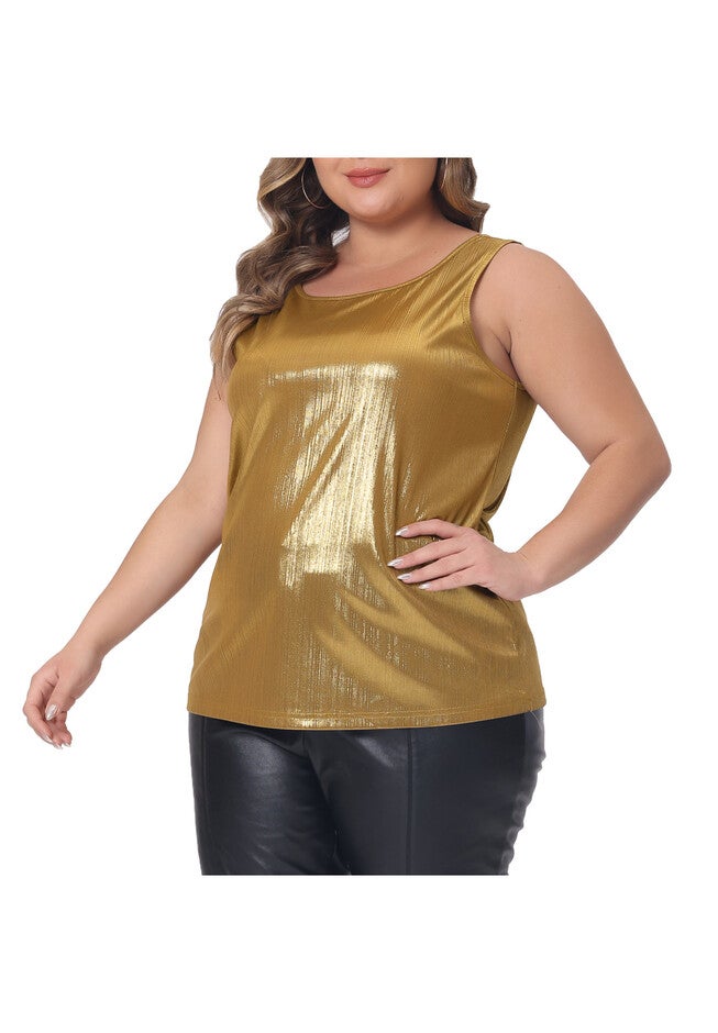 Crew Neck Sleeveless Holographic Shiny Metallic Tank Top, Gold / Gold, alternate image number 3