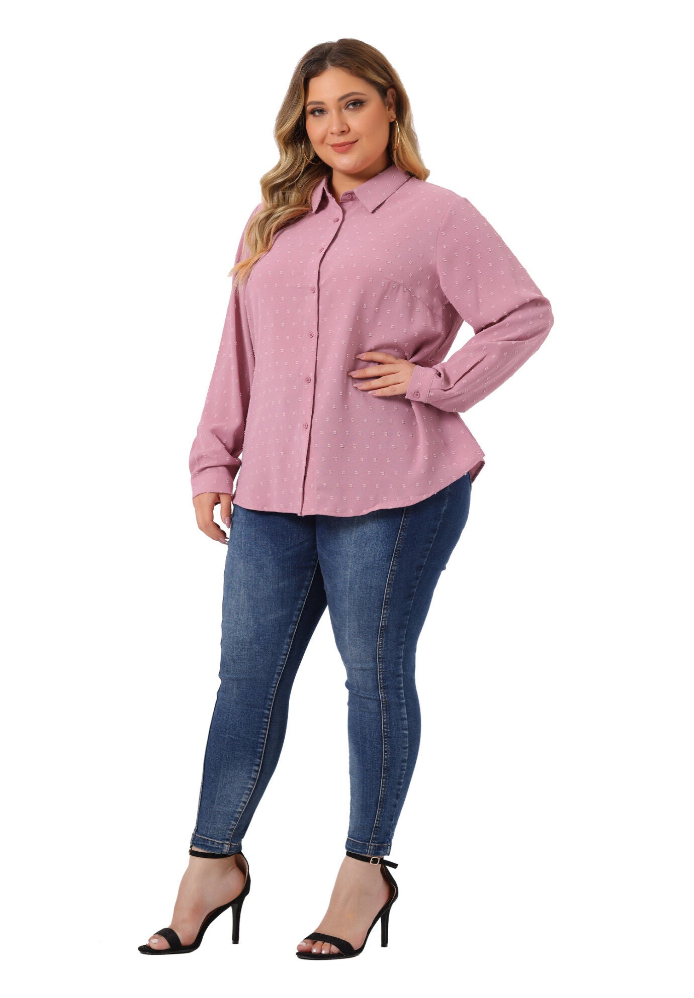 Swiss Dots Long Sleeve Button Down Shirt Blouse, Pink / Pink, hi-res image number 0