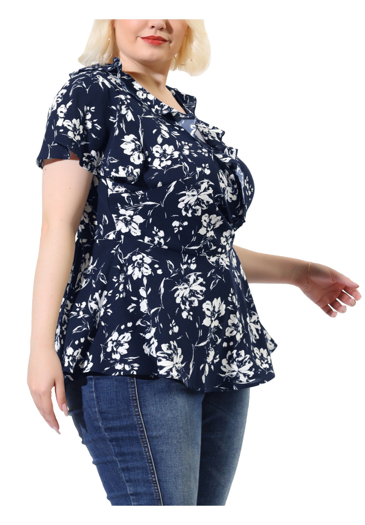 Wrap V Neck Tie Waist Ruffle Sleeve Blouse Summer Floral Top, Navy Blue / Navy, alternate image number 3