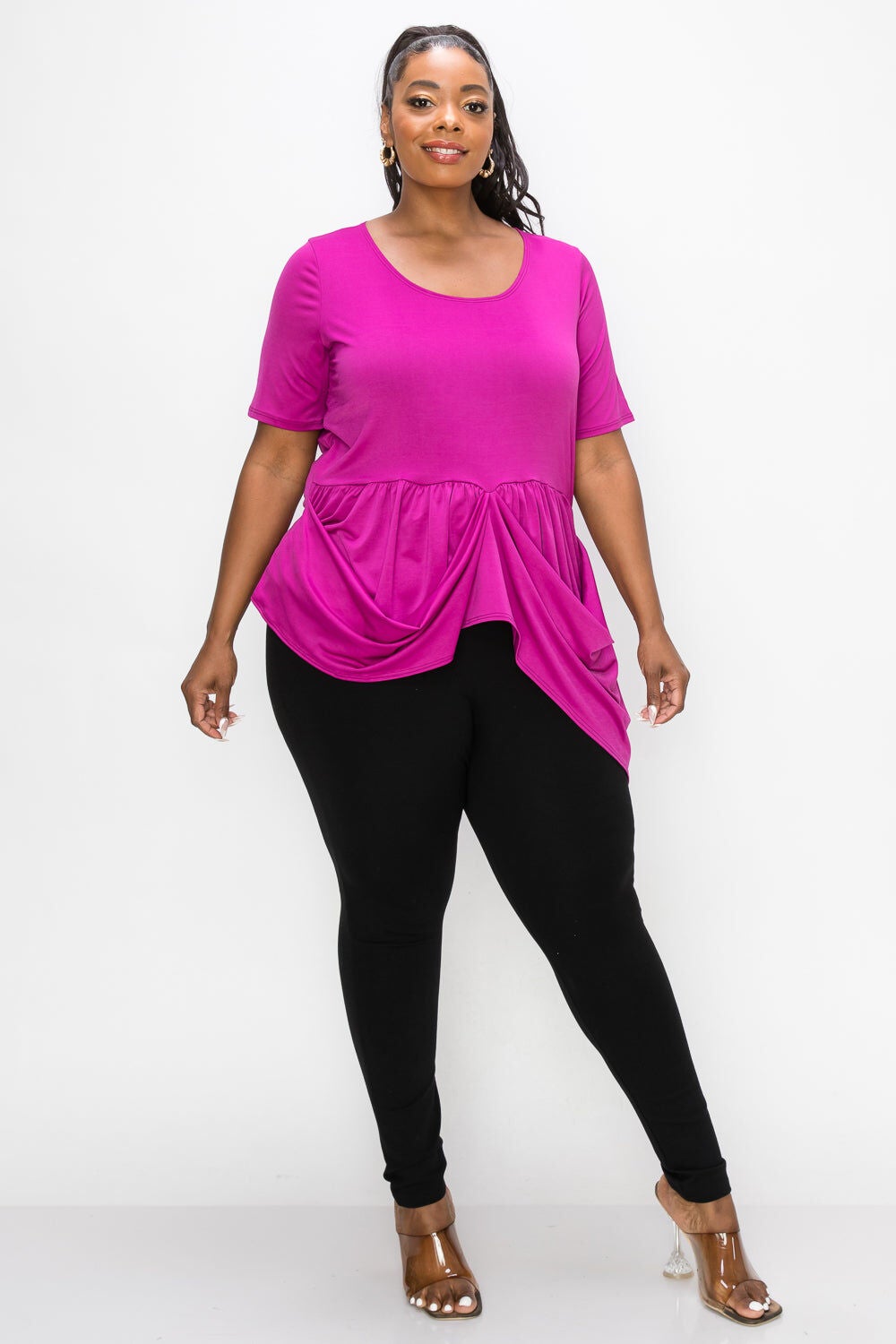 SAVANNAH DRAPED PEPLUM TOP, Magenta / Magenta, alternate image number 2