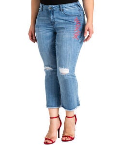 Plus Size Jamie Chinese Character Distressed Cropped Flare Jeans