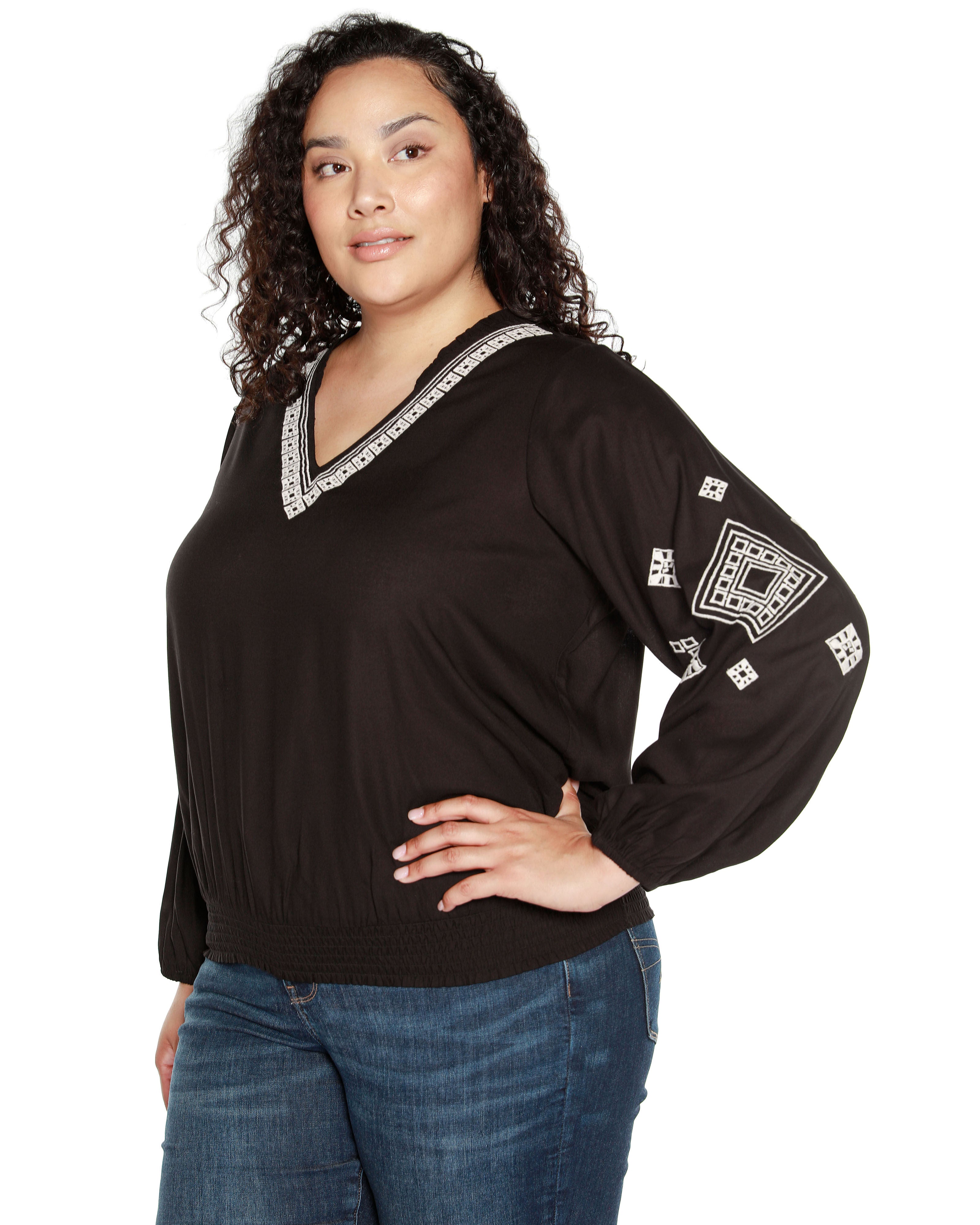 EMBROIDERED BLOUSON SLEEVE V-NECK BLOUSE, Black / Black, alternate image number 2