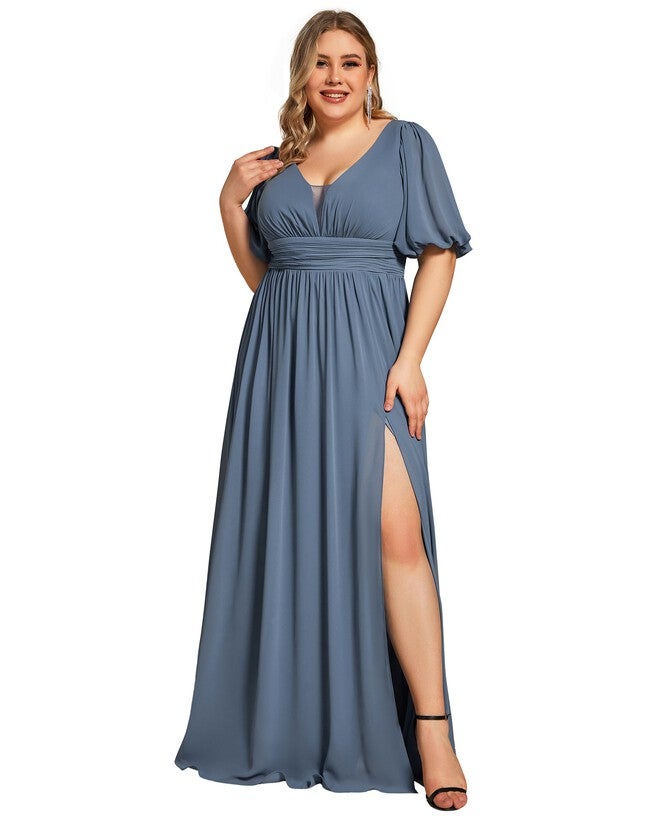 Chiffon Illusion V-Neck Flutter Sleeve Front Slit Evening Dress, Dusty Navy / Dusty Blue, hi-res image number 0