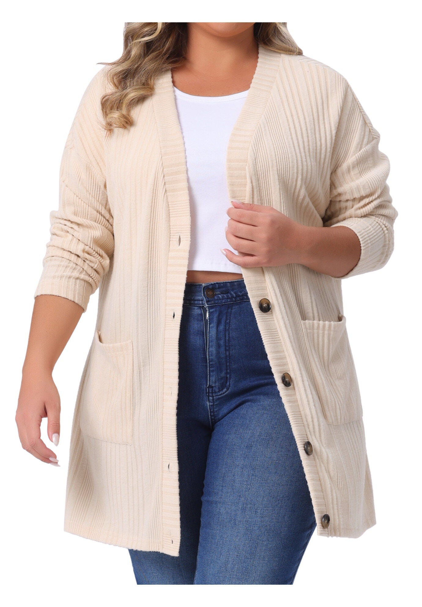 V Neck Long Sleeve Knit Cardigan with Pockets, Apricot / Cream, alternate image number 2
