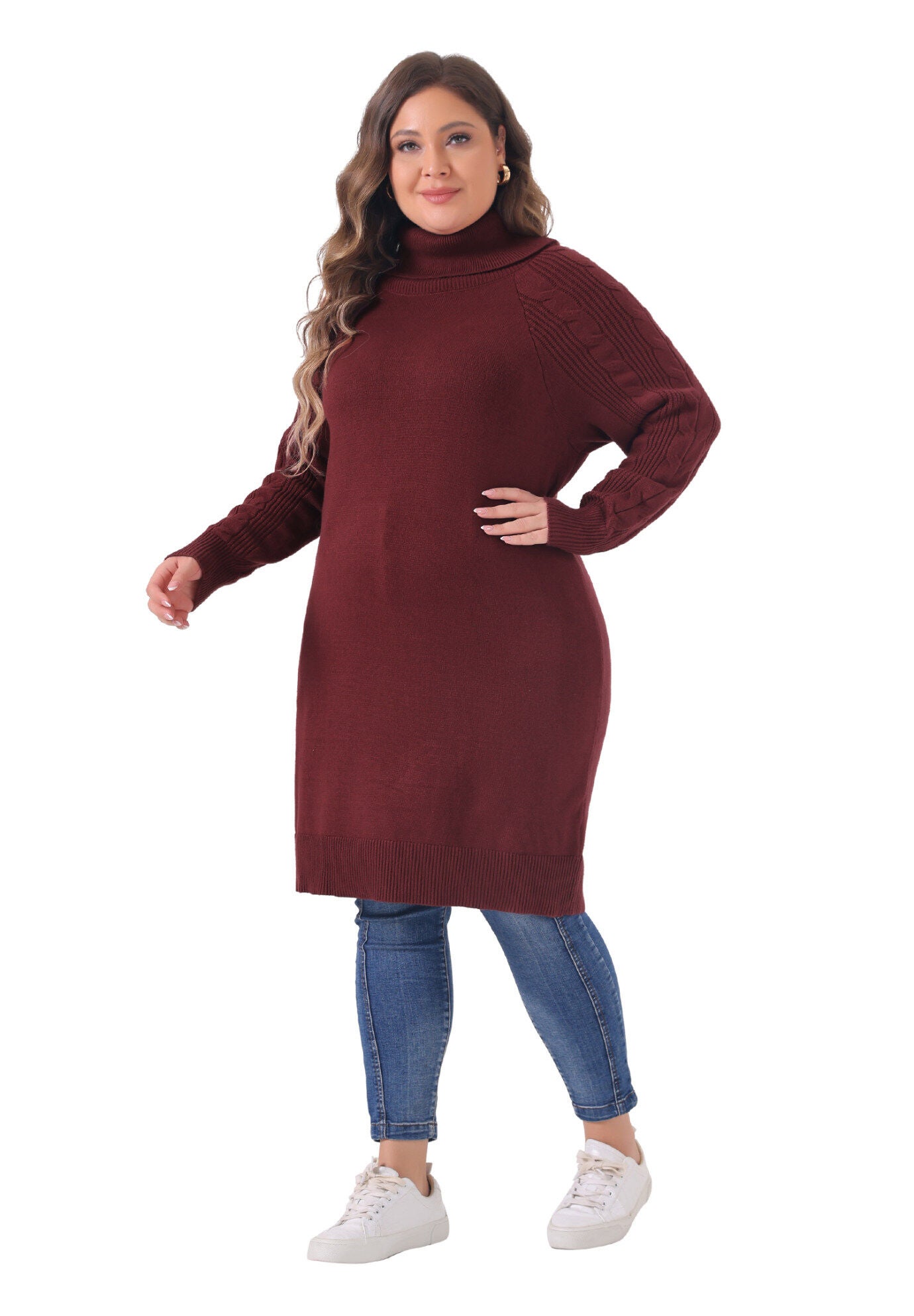 Turtleneck Pullover Long Sweater Dress, Burgundy / Burgundy, hi-res image number 0