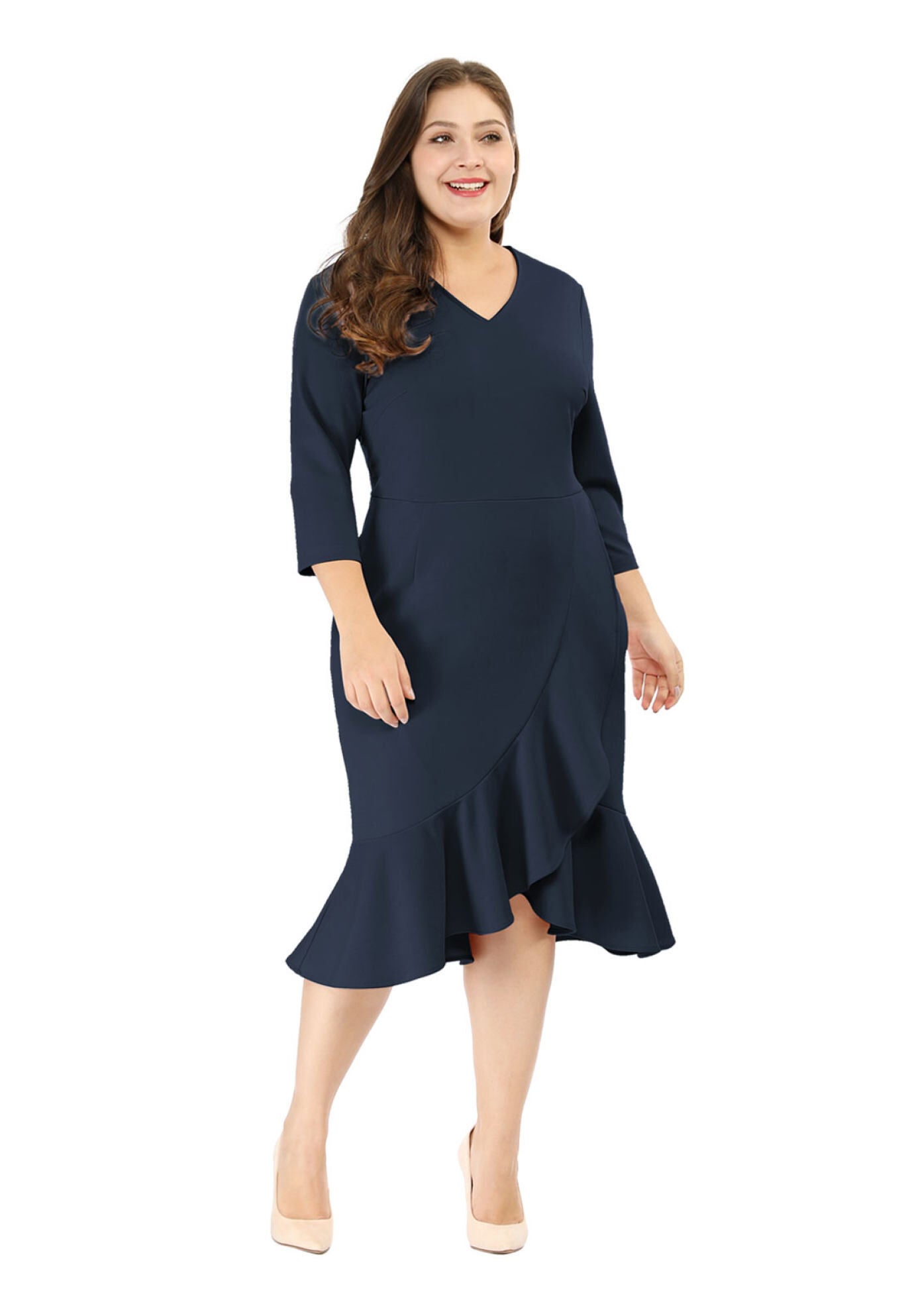 Ruffled 3/4 Sleeve Office Work Cocktail Wrap Dress, Blue / Navy, hi-res image number 0