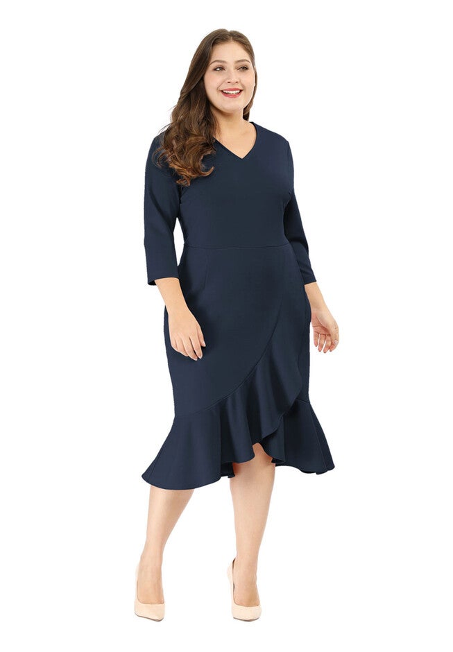 Ruffled 3/4 Sleeve Office Work Cocktail Wrap Dress, Blue / Navy, hi-res image number 0