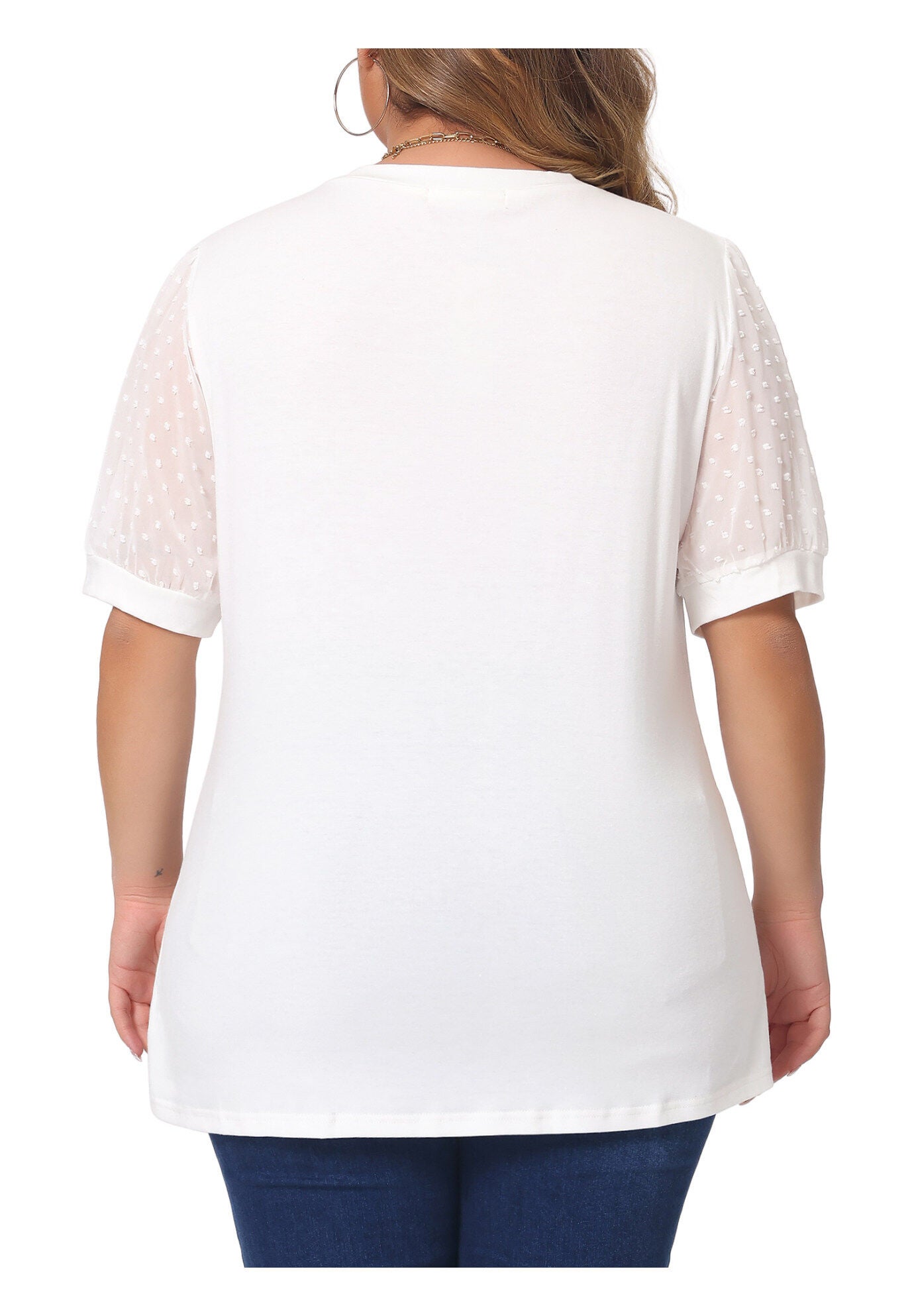 V Neck Swiss Dots Puff Sleeve Loose Top, White / White, alternate image number 3