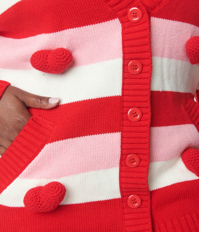 Unique Vintage Pink & Red Striped Crochet Hearts Cardigan, Pink Red Striped Crochet Hearts / Pink, alternate image number 2