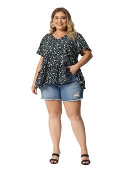 Floral Print V Neck Ruffles Sleeve Tiered Babydoll Blouse