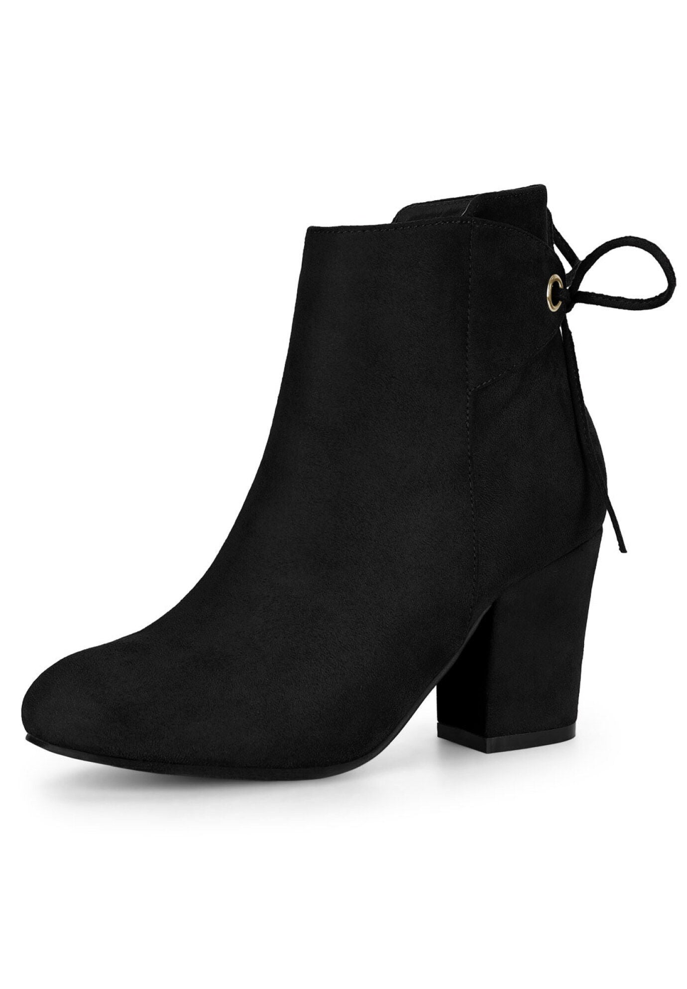ROUND TOE BLOCK HEEL ZIPPER ANKLE BOOTS, Black / Black, hi-res image number 0