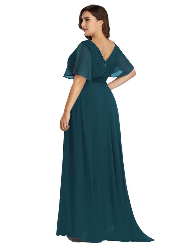 Long Chiffon Empire Waist Bridesmaid Dress with Short Flutter Sleeves, Teal / Teal, alternate image number 1