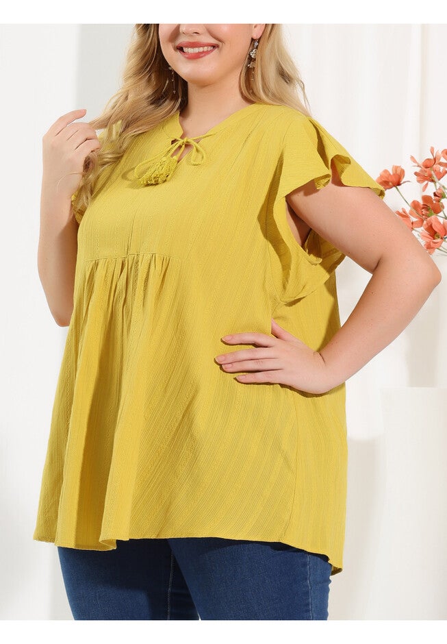V NECK TASSEL SELF TIE FLUTTER BLOUSE, Ginger / Yellow, alternate image number 1