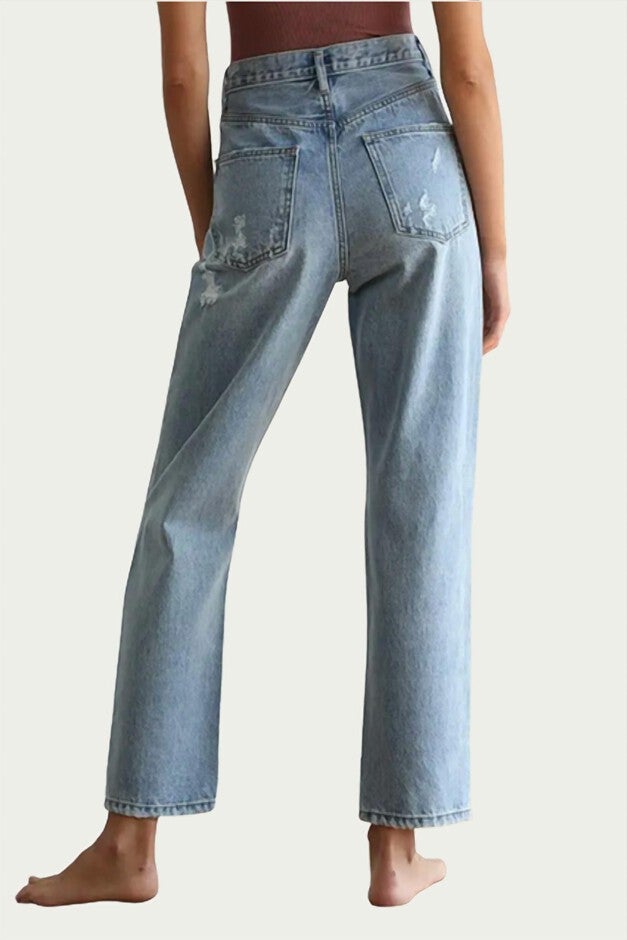 Distressed Straight-Leg Jeans in Blue, , alternate image number null