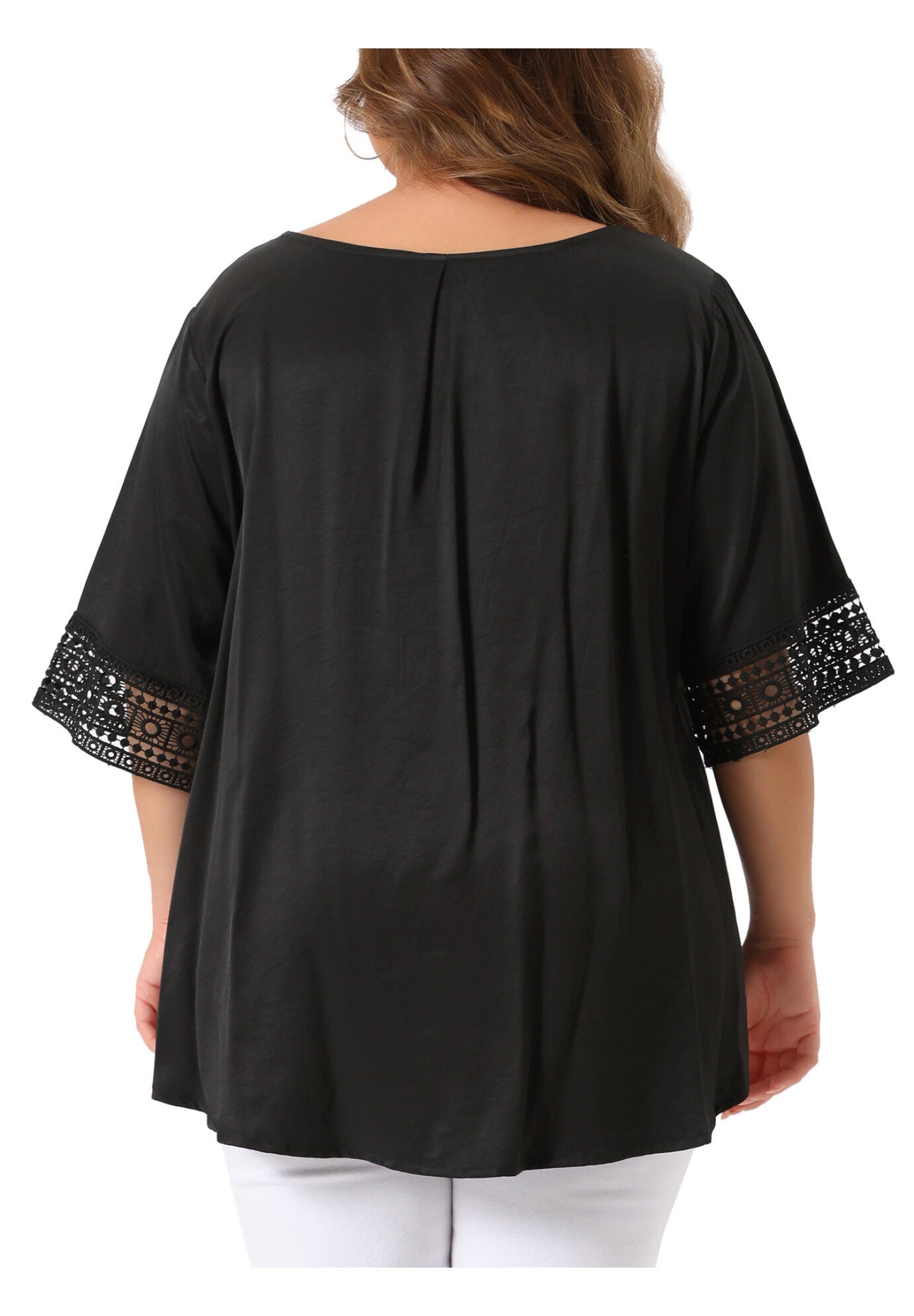 Crewneck Lace Crochet Short Sleeve Casual Loose Top, Black / Black, alternate image number 3