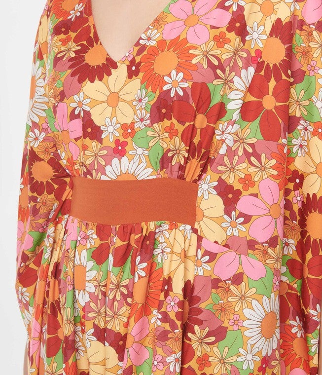Unique Vintage Orange Flower Bunch Caftan Jumpsuit, Orange Floral / Orange, alternate image number null