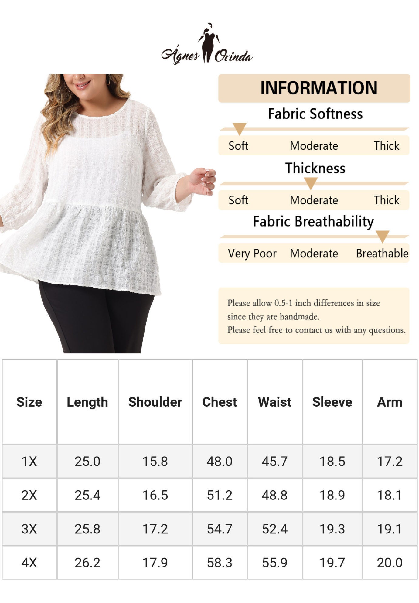 Babydoll Blouse Round Neck 3/4 Puff Sleeve Tiered Peplum Top, White / White, alternate image number 1