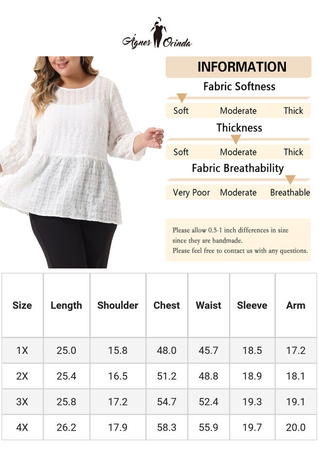 Babydoll Blouse Round Neck 3/4 Puff Sleeve Tiered Peplum Top, White / White, alternate image number 1