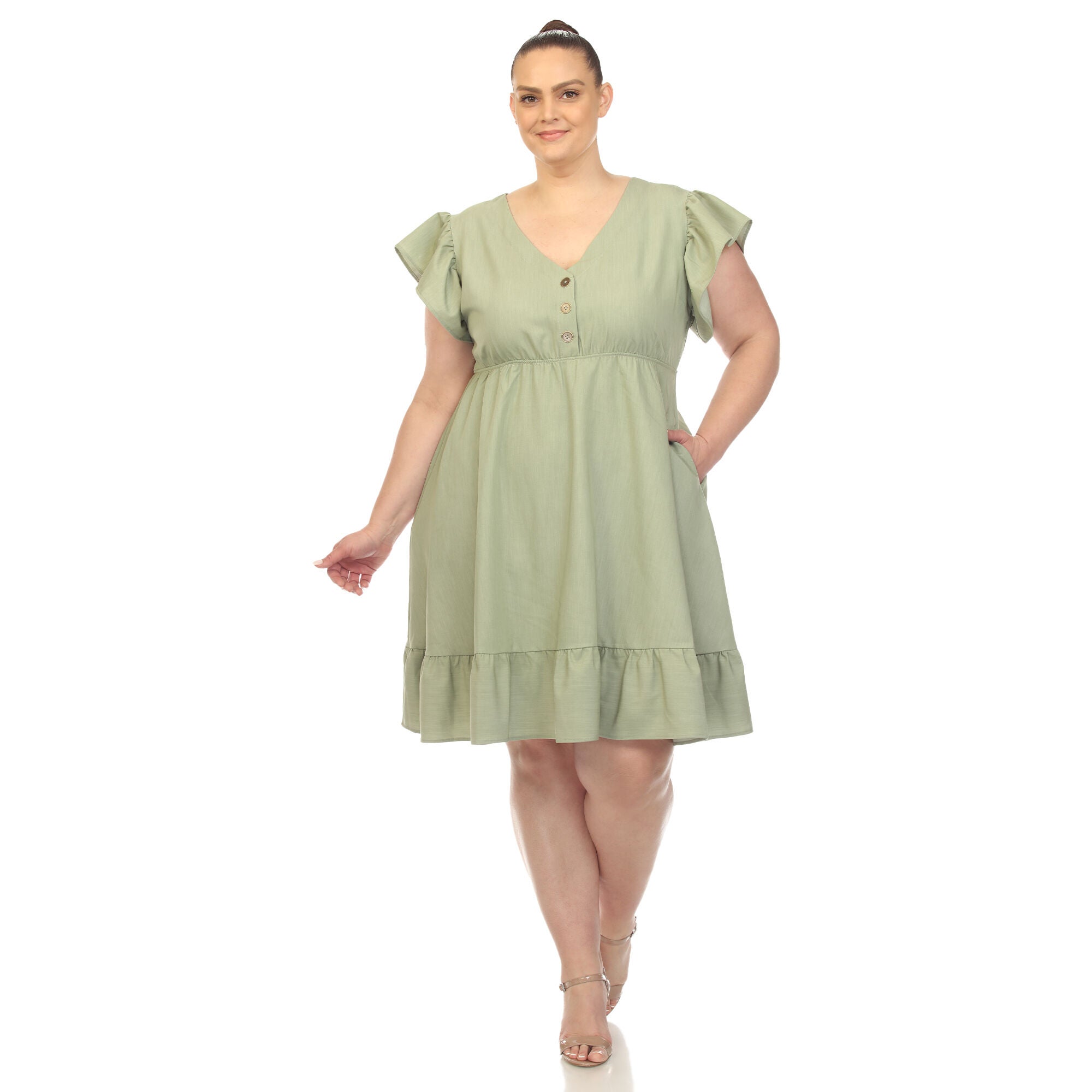 White Mark Ruffle Sleeve Midi Dress, Sage / Sage Green, hi-res image number 0