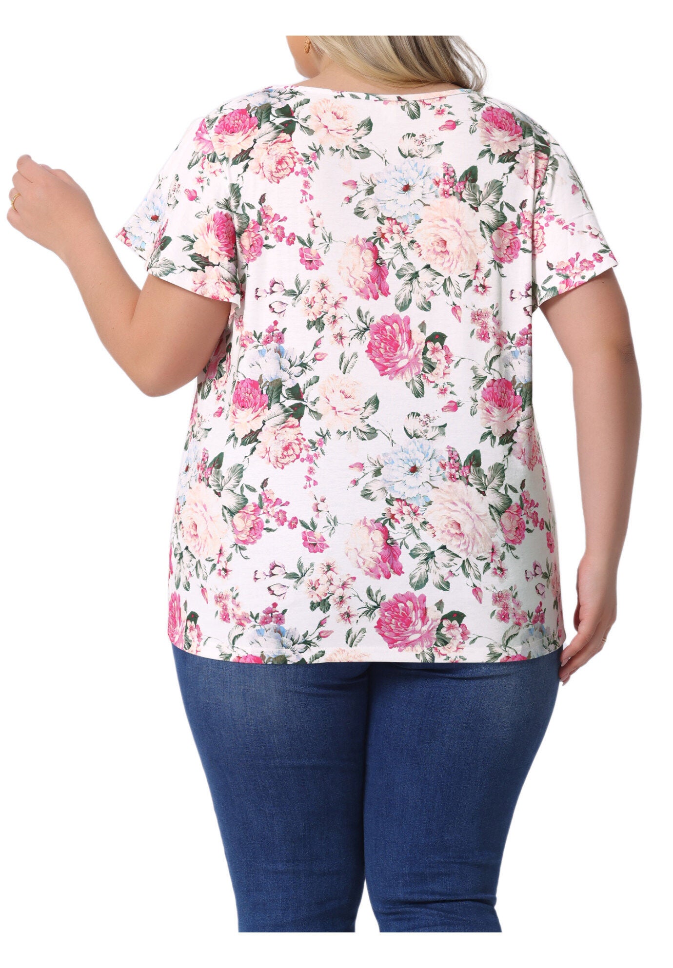 V Neck Ruffle Short Sleeve T-Shirt Tee Top, White Pink / White, alternate image number 3