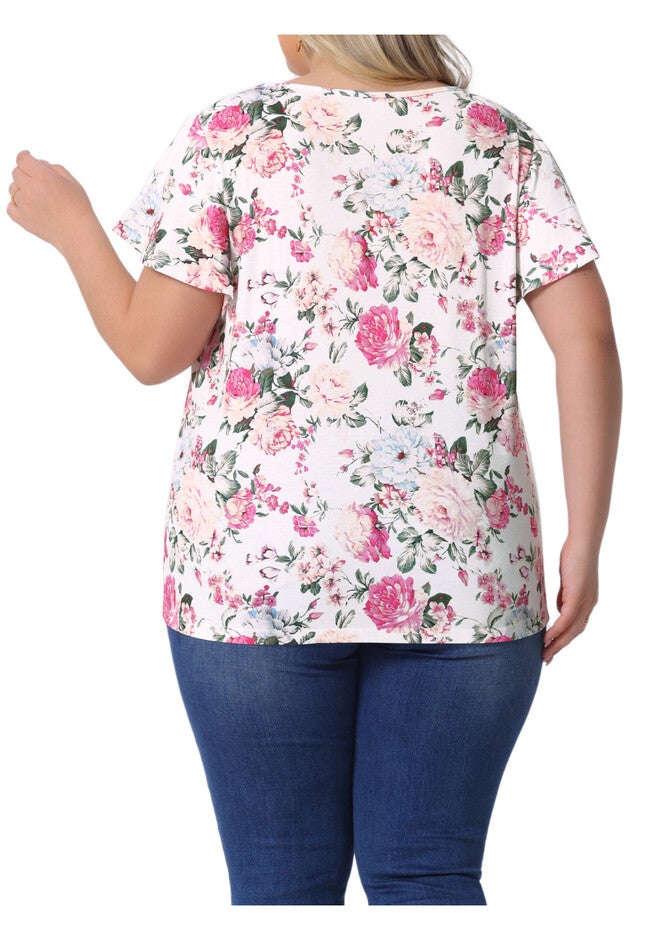 V Neck Ruffle Short Sleeve T-Shirt Tee Top, White Pink / White, alternate image number 3