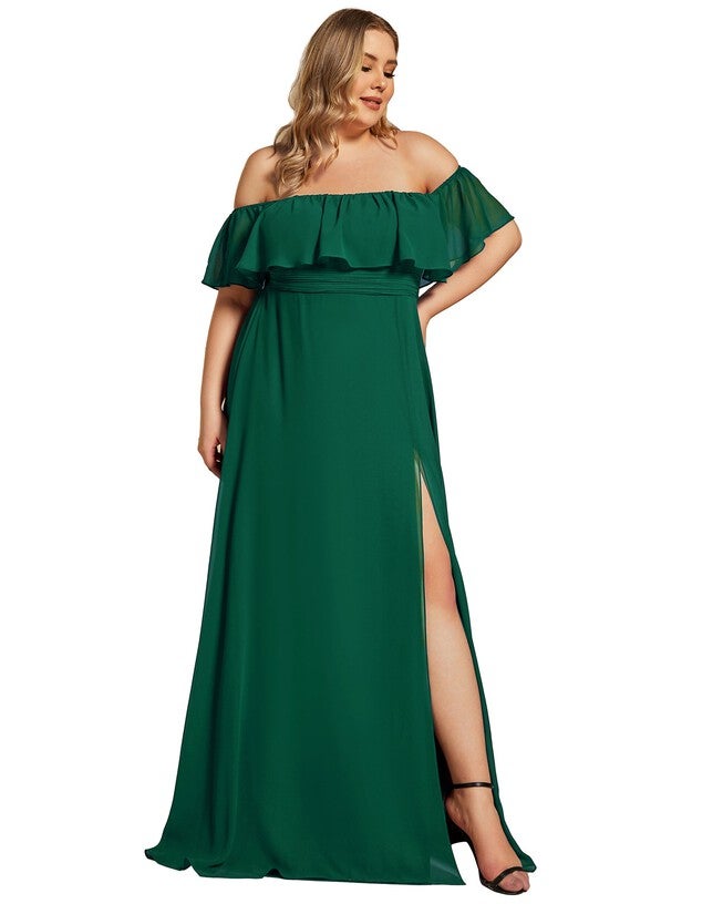 Women's Off Shoulder Ruffle Thigh Slit Bridesmaid Dresses, Dark Green / Forest Green, alternate image number 3
