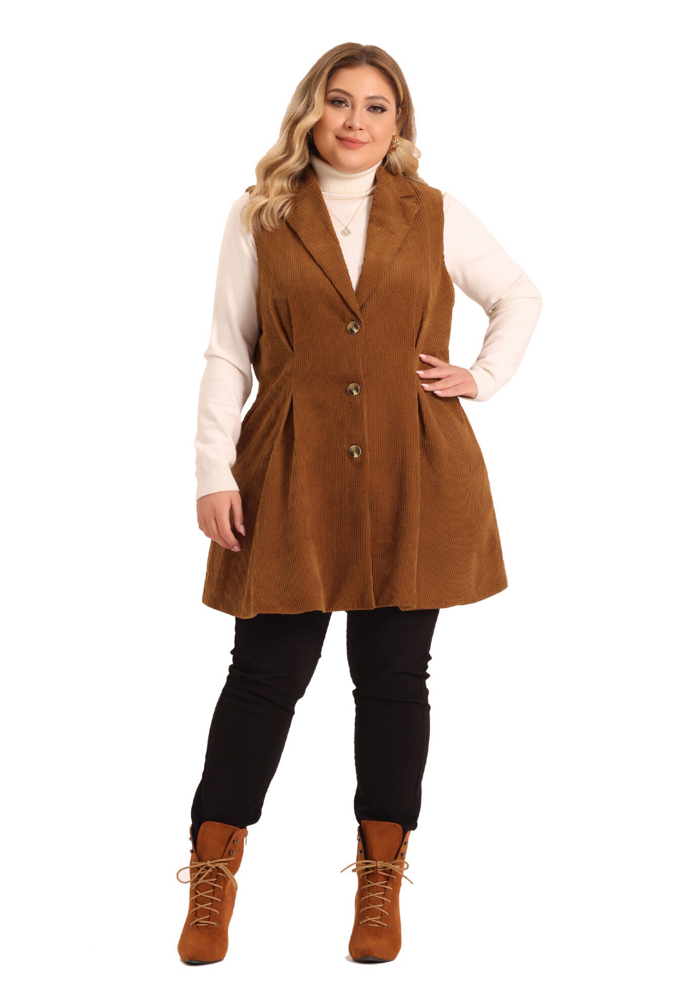 CORDUROY SINGLE BREASTED SLEEVELESS VEST JACKET, Brown / Brown, hi-res image number 0