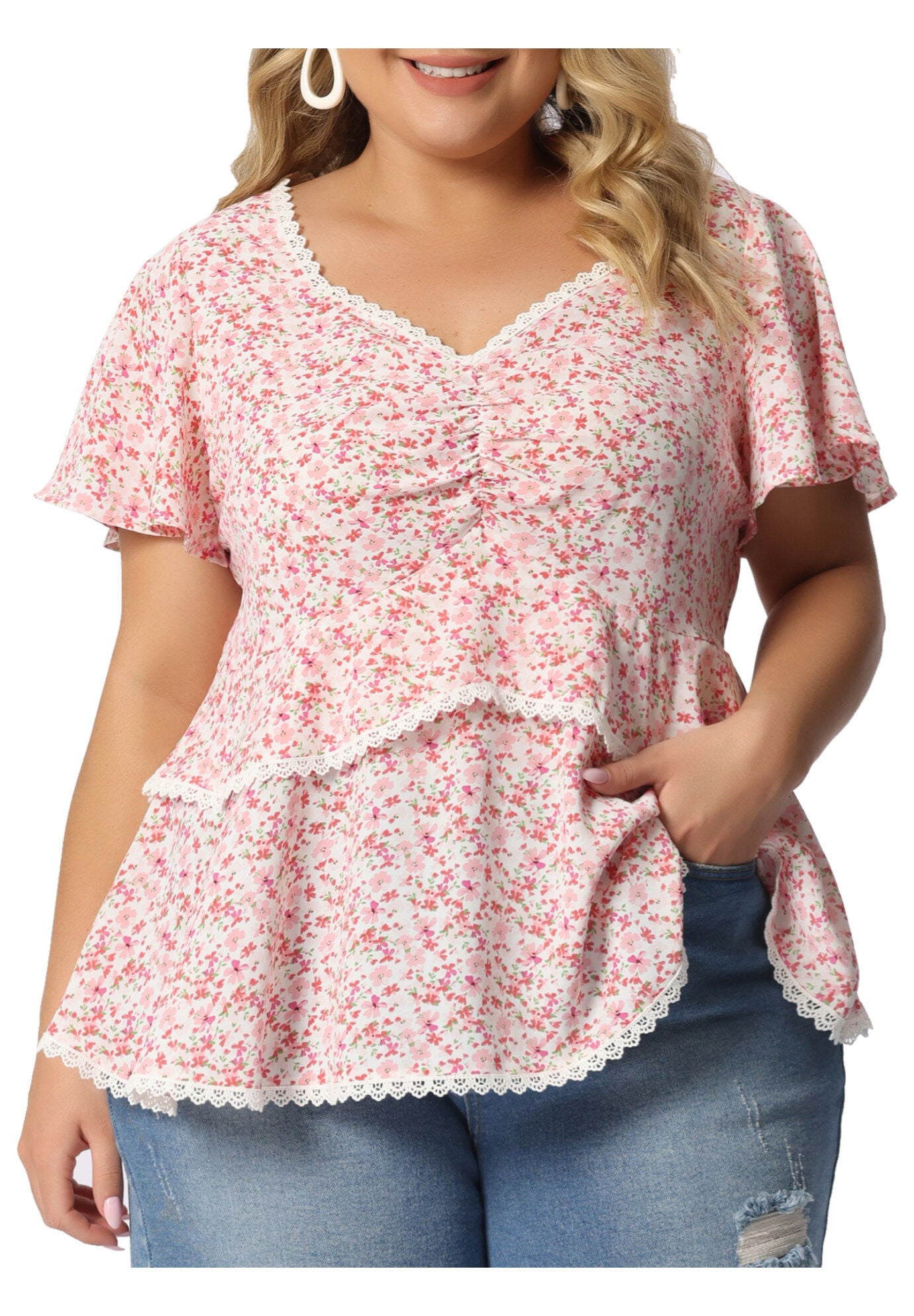 Floral Babydoll Sweetheart Ruffle Short Sleeve Top Tiered Blouse, Pink / Pink, alternate image number 2