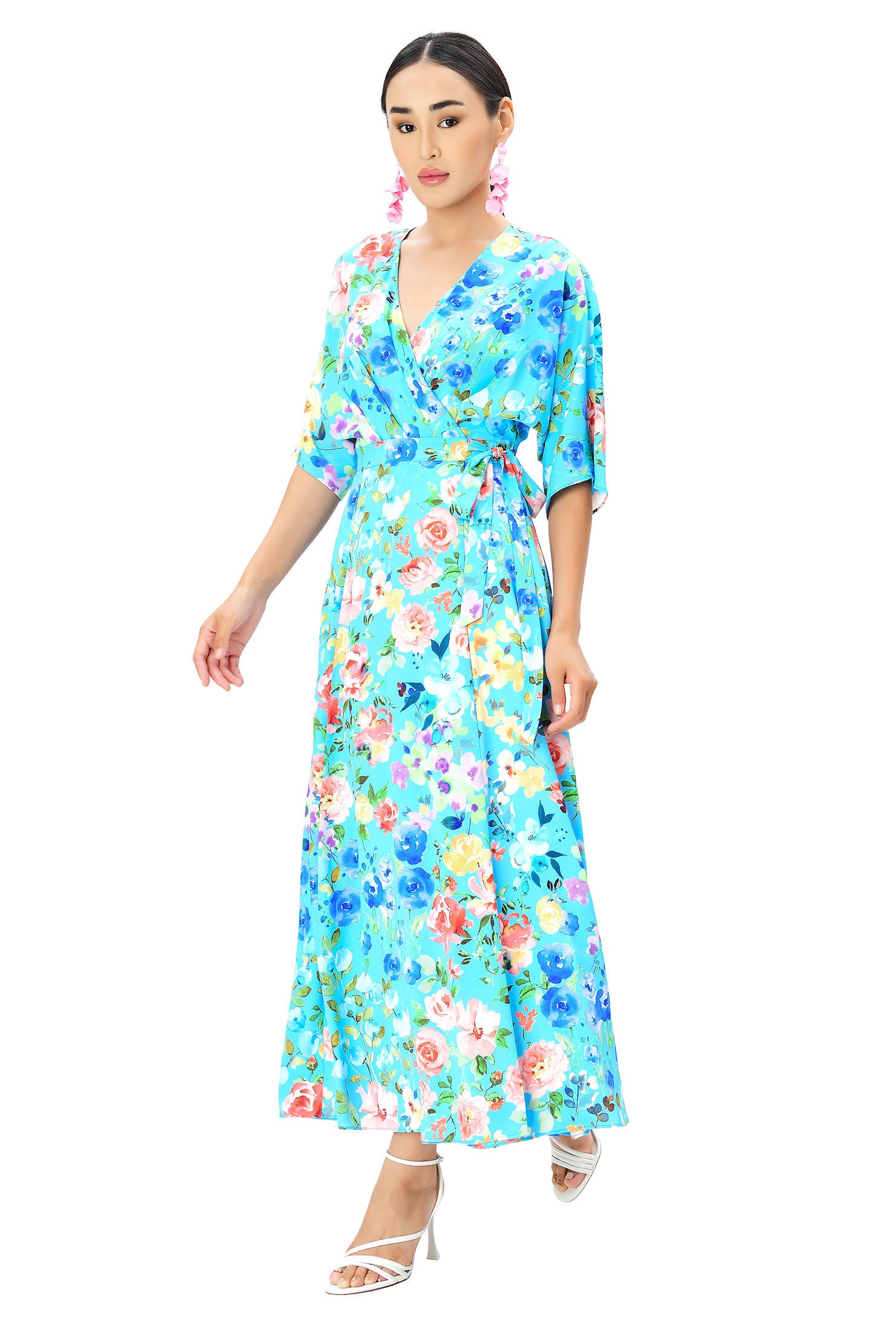 Dolman Sleeve Floral Print Crepe Wrap Dress, , alternate image number 6