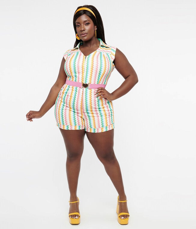 Smak Parlour 1970s Rainbow Zig Zag Belted Romper, Rainbow Zig Zag / Aqua, alternate image number 3