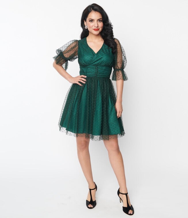 Unique Vintage Emerald Clip Dot Shirred Babydoll Dress, GreenClipdot / Hunter Green, hi-res image number null