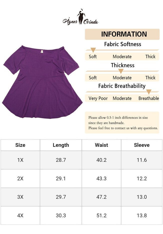 V NECK SHORT SLEEVE RUCHED PEPLUM BLOUSE TOP, Purple / Purple, alternate image number 4