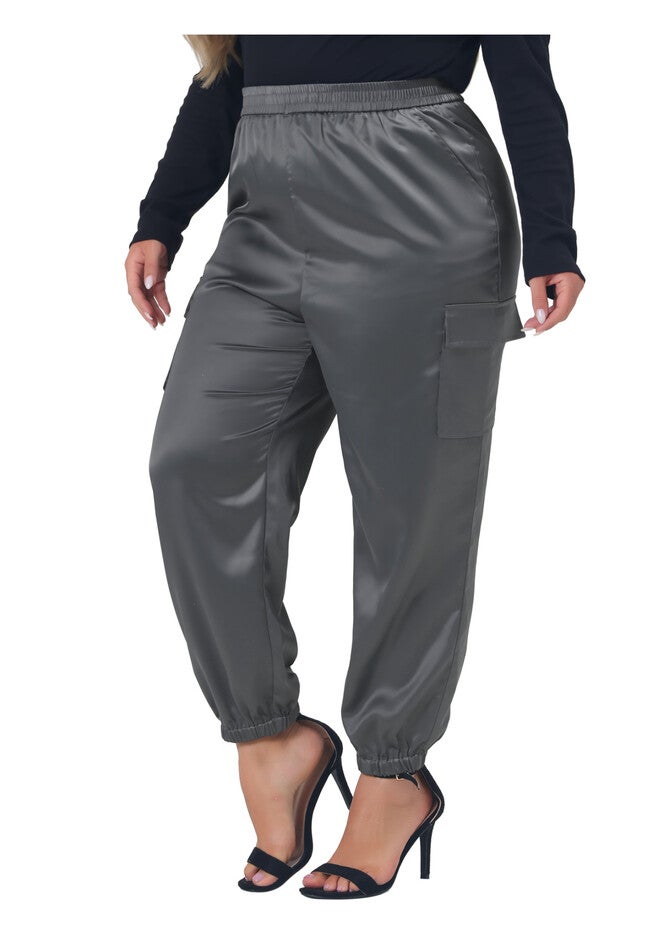 SATIN JOGGERS ELASTIC WAIST ATHLEISURE ANKLE LENGTH CARGO PANTS, Dark Gray / Charcoal Grey, alternate image number 2
