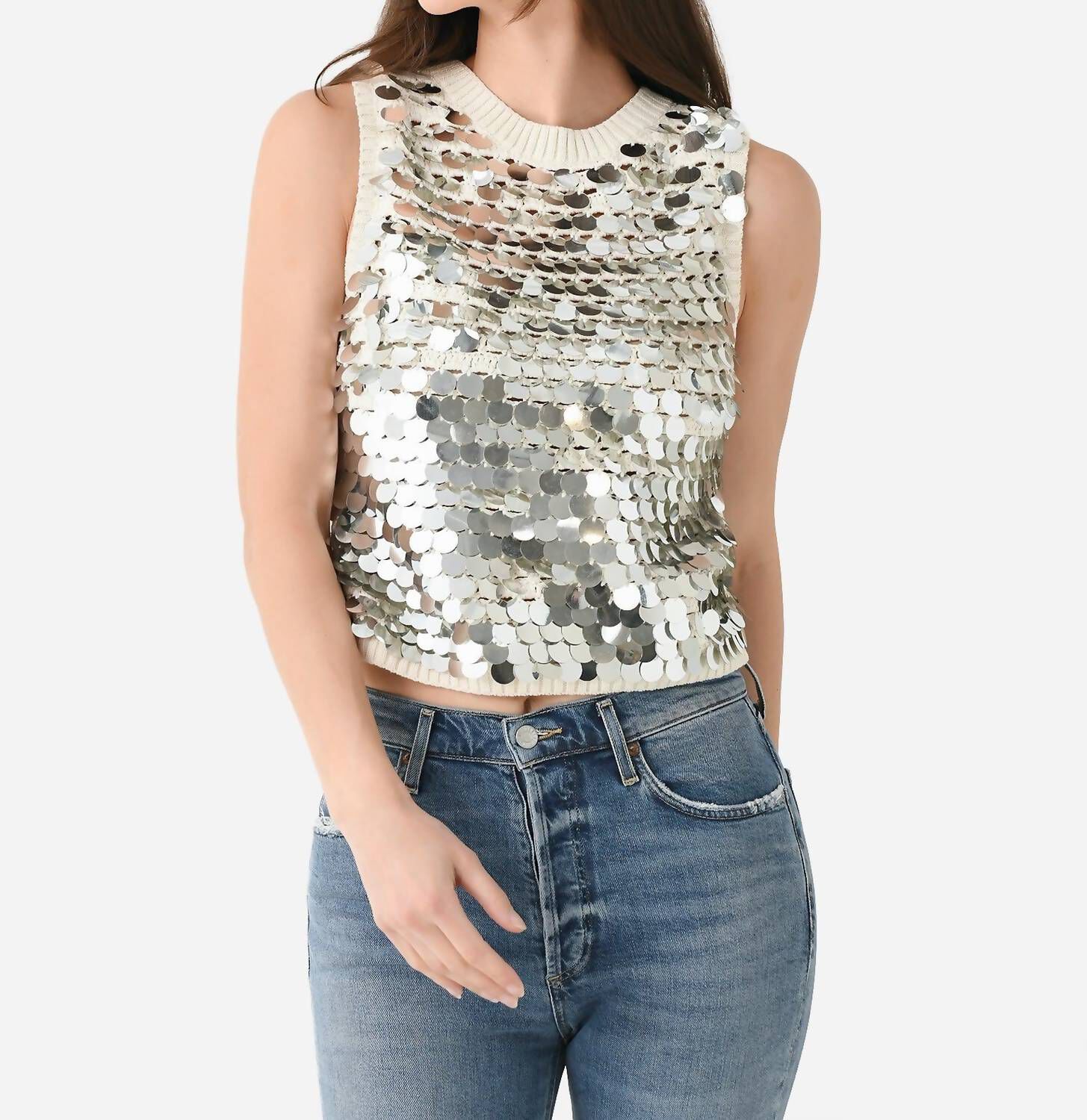 CORA RIBBED TANK, Ivory  Silver Sequins / Silver, hi-res image number 0