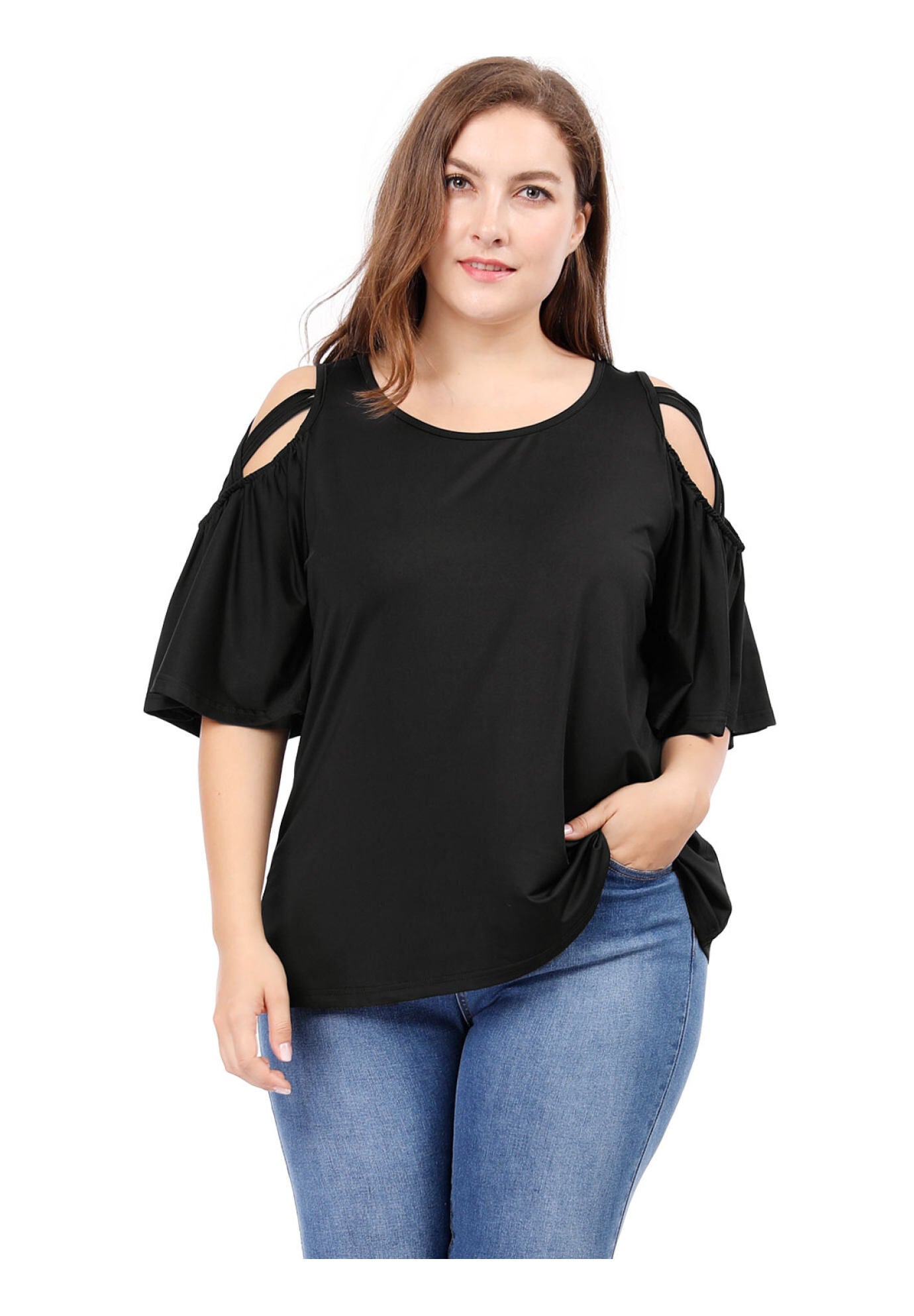 Cold Shoulder Bell Sleeve Summer Top, Black / Black, alternate image number 3
