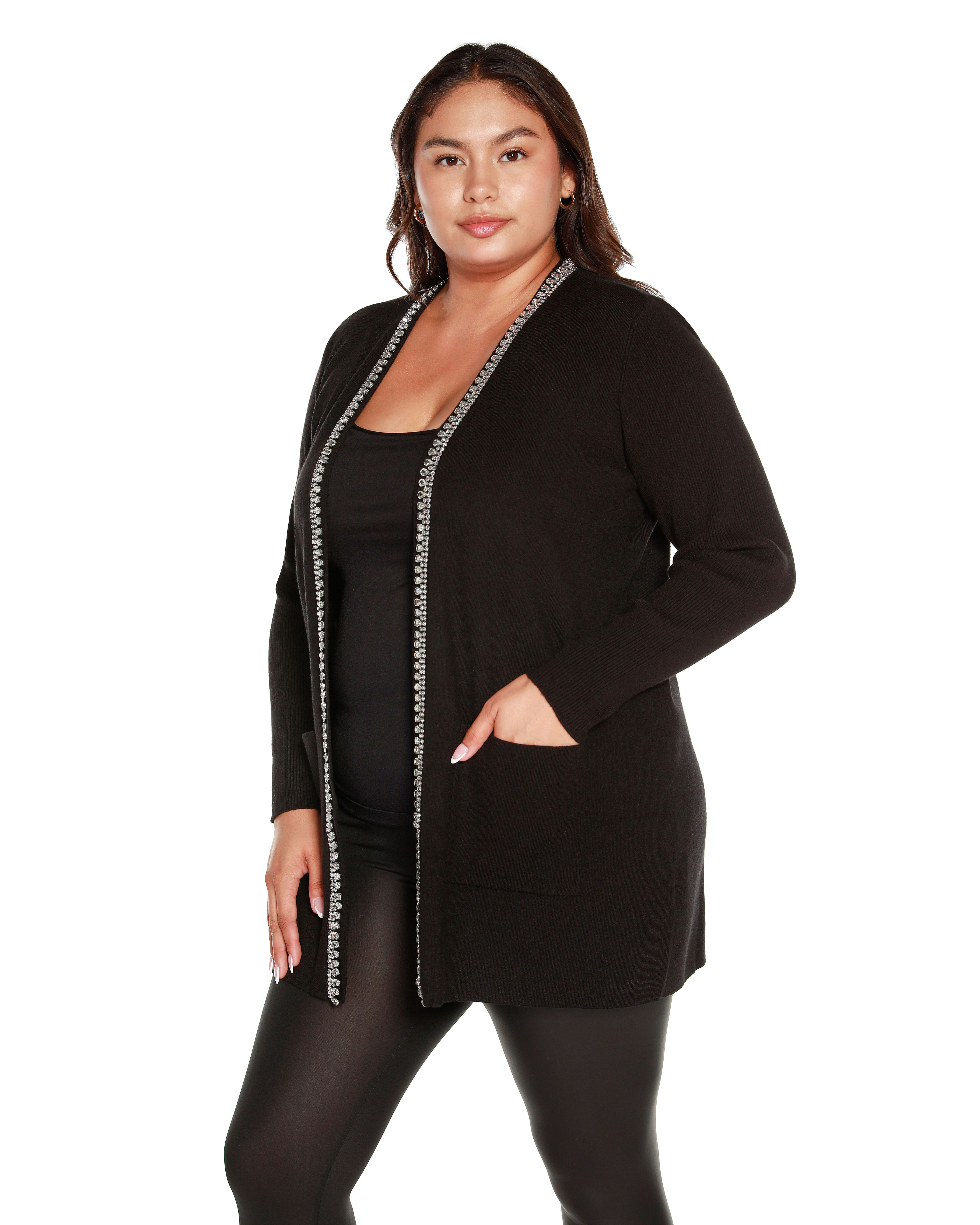 Plus Size Rhinestone Trim Open-Front Cardigan, Black / Black, alternate image number 1
