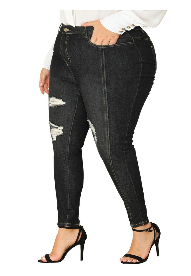 MID RISE STRETCH WASHED SKINNY JEANS DENIM JEGGINGS, BlackRipped / Black, alternate image number 1