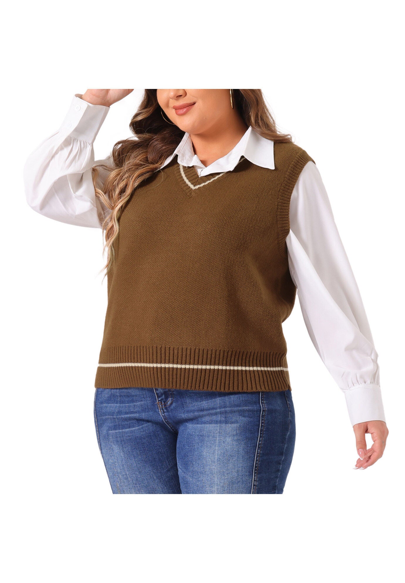 V Neck Stripe Cable Knit Pullover Sweater Vest, Brown / Brown, alternate image number 1