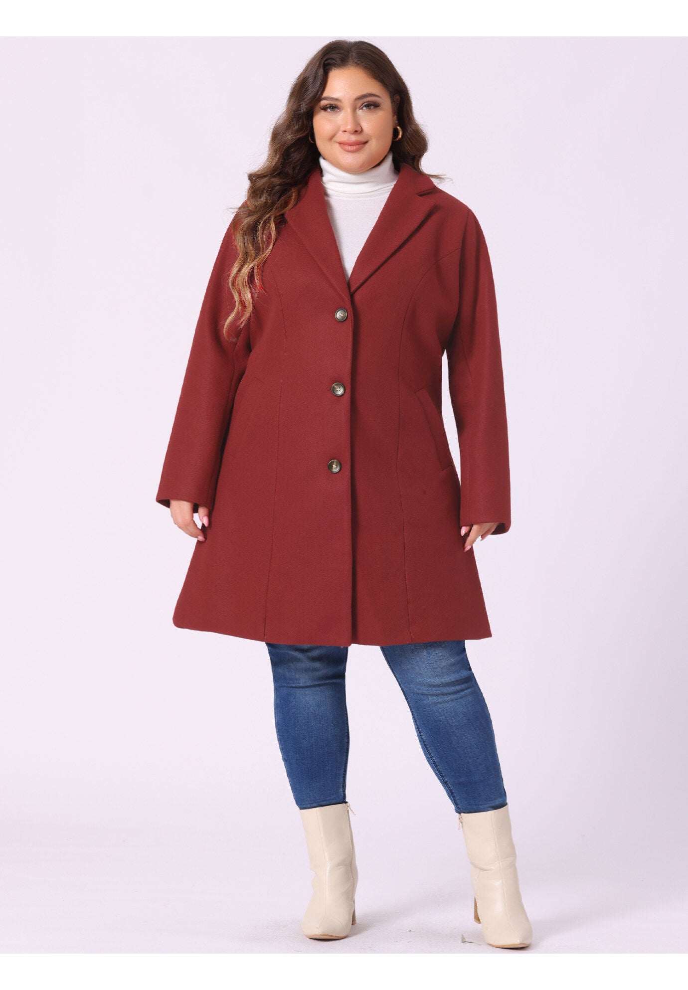 SINGLE BREASTED NOTCHED LAPEL LONG WINTER COAT, Dark Red / Red, hi-res image number 0